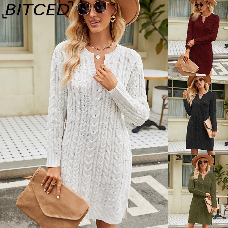 BITCED Autumn/Winter Twisted-Knit Mid-Length Knitted Dress Solid-Colour Slit-Hem Loose-Fit Pullover Women's Wool Dress