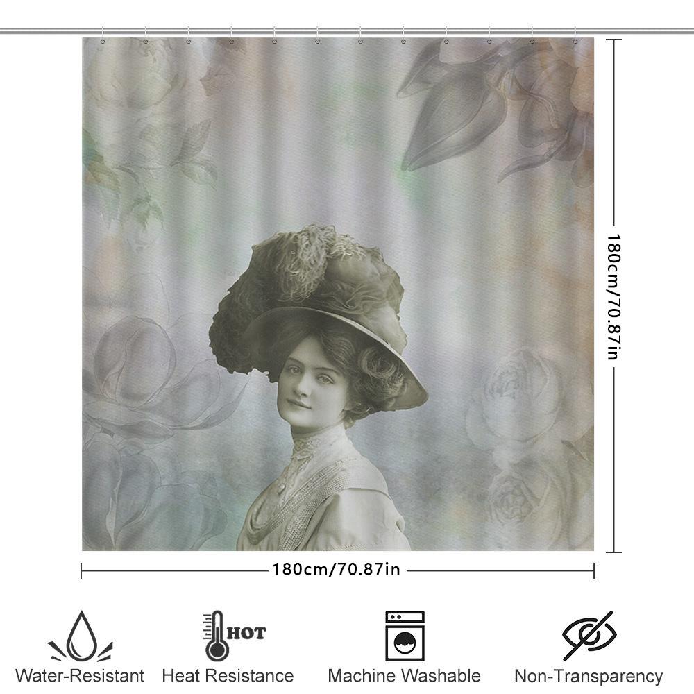 Elegant Vintage Bath Shower Curtain Cream Floral Victorian Woman Design Printed Polyester Waterproof Bathroom Liner With Hook Ri