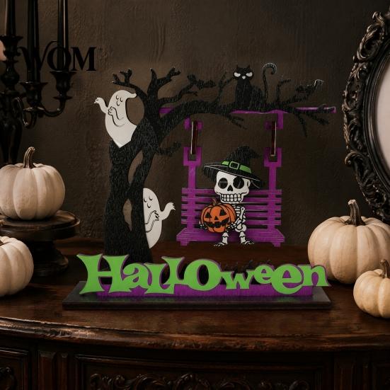 Handmade Wooden Halloween Scenes Funny Desktop Swing Decor, Spooky Home Decor for Living Room Craft Activities Tabletop, Gothic Fall Themed Ornament,