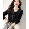 1116 Autumn Commuter Simple Temperament Contrast Color Age Navy Collar Versatile Shirt Women's Long Sleeve Top