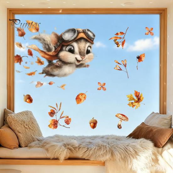 Removable Fall Window Stickers for Home Autumn Static Sticker with Cute Animals & Maple Leaves, Harvest Seasonal Glass Living Room Festival