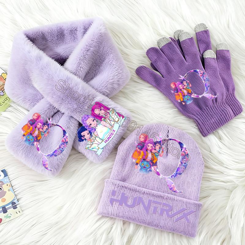 3-teiliges KPop Dämonenjäger Kinder Strickmütze Handschuhe Schal Set Niedliche Mädchen Winteraccessoires Strickmütze Schals Weihnachtsgeschenke