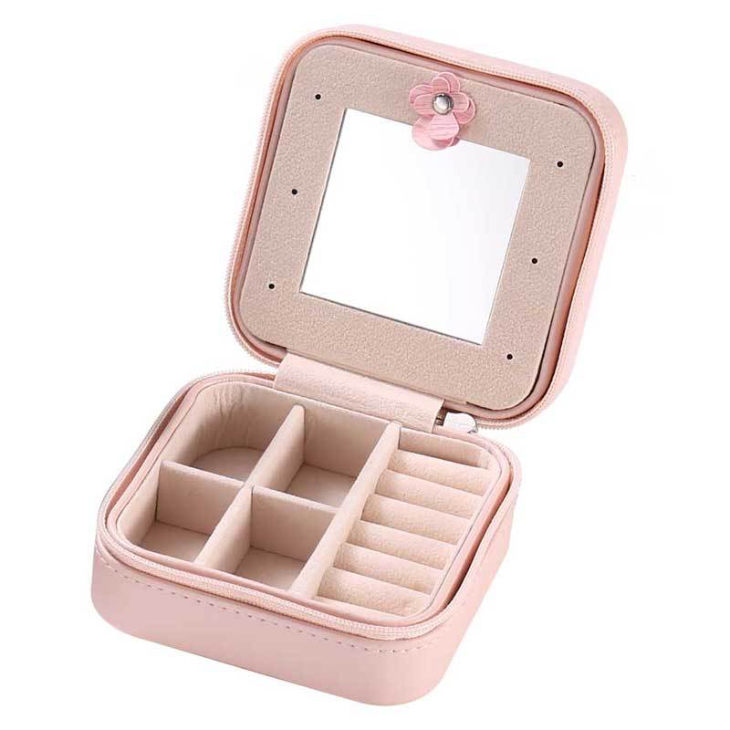 Минималистичная кожаная шкатулка-зеркало - портативный органайзер для колец, серег-гвоздиков и серег