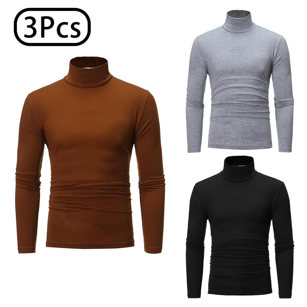 Conjunto de Camisas de Gola Alta Masculinas 3 Peças Manga Comprida Camada Base Térmica Ajuste Slim Cor Sólida