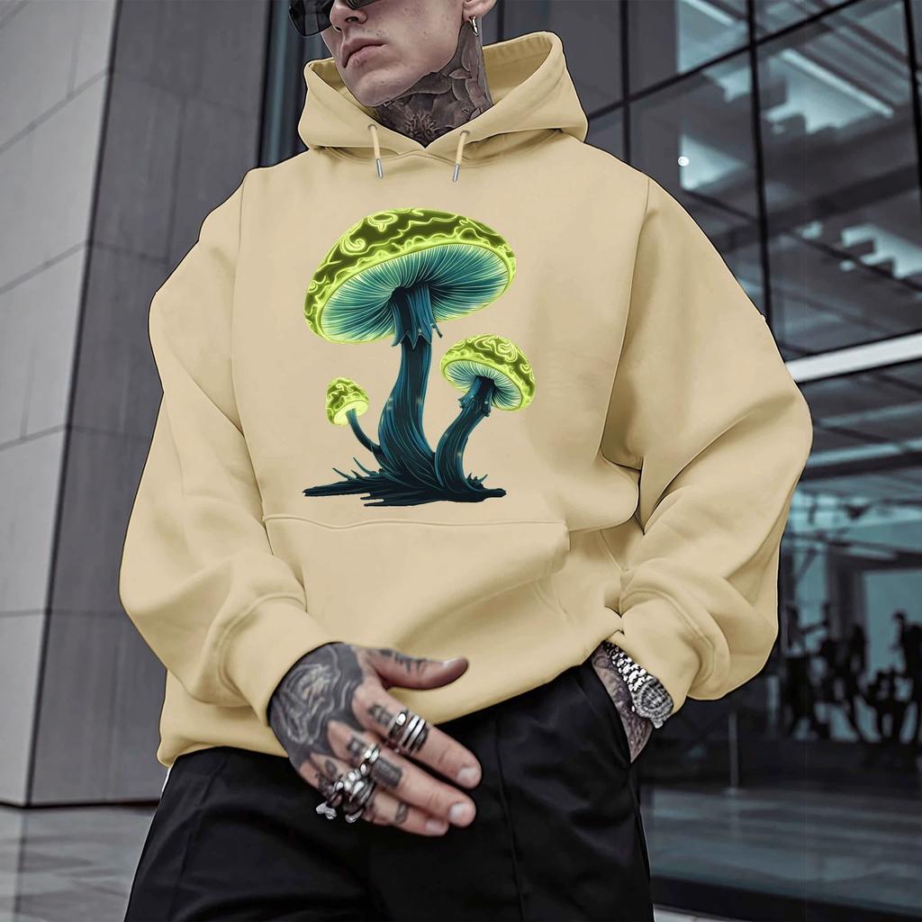 Psychedelic Fluorescent Mushroom Print Hooded Sweater, Hemp Gray Loose Shoulder Street Coat for Men and Women