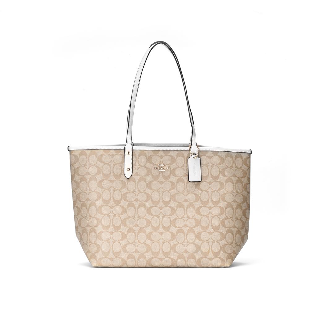 New COACH Canvas With Leather Tote Bag, Shopping Bag, Combo Bag, Handbag, Shoulder Bag Large Women's White & Khaki Monogram 36658-IMDQC