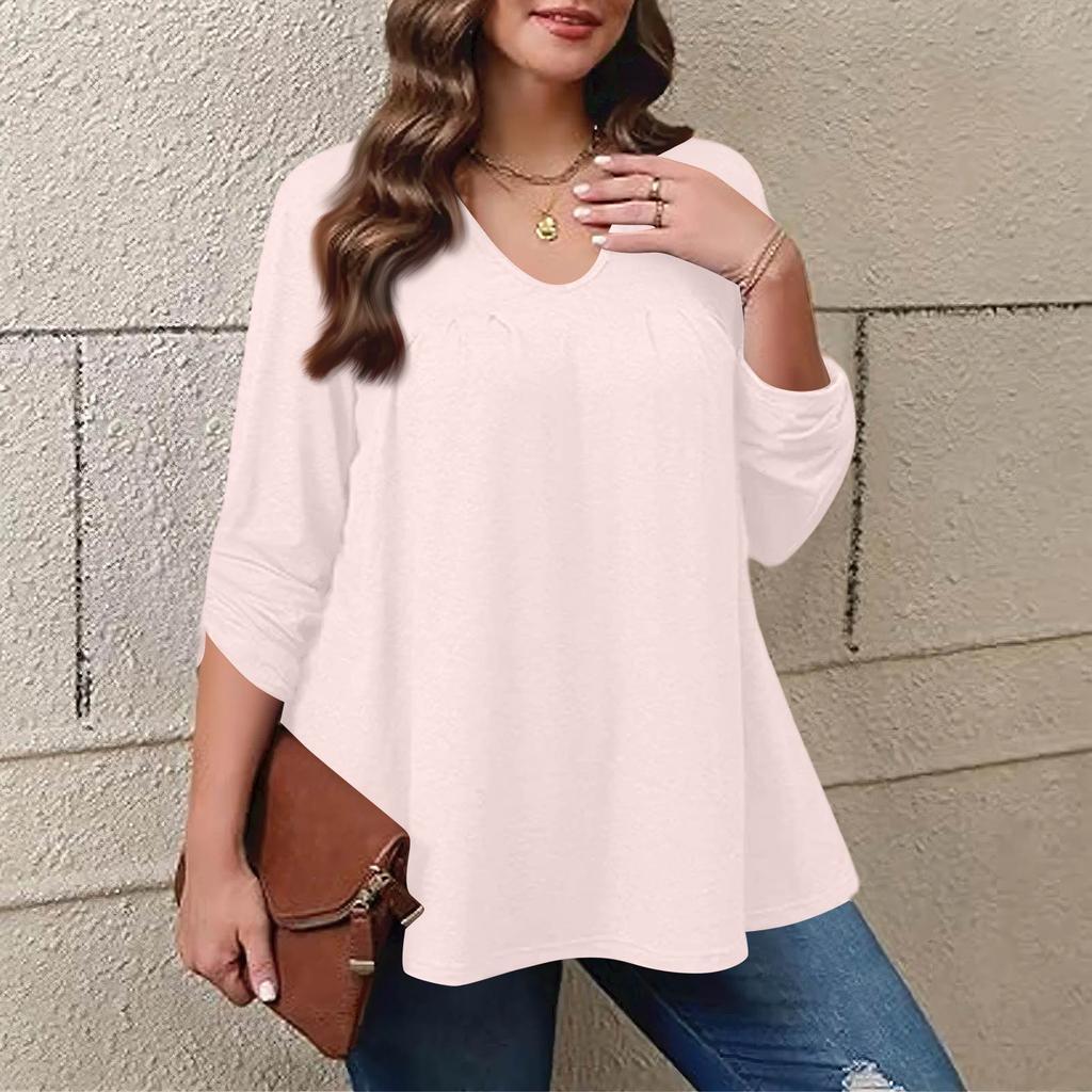 Dámská móda plus size Jednobarevný ležérní plisovaný top s kulatým výstřihem a dlouhým rukávem