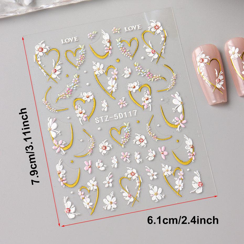 5D Embossed Kawaii Floral Gold Line Sliders Spring White Flowers Nail Stickers DIY Petals Wedding Nails Decals Accesories