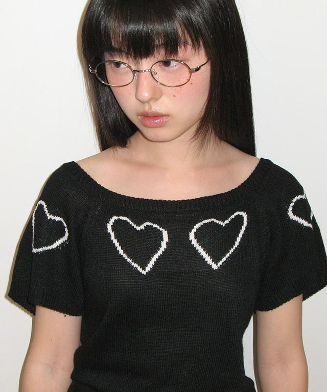 RONRON Heart Line Short Sleeve Knit Black