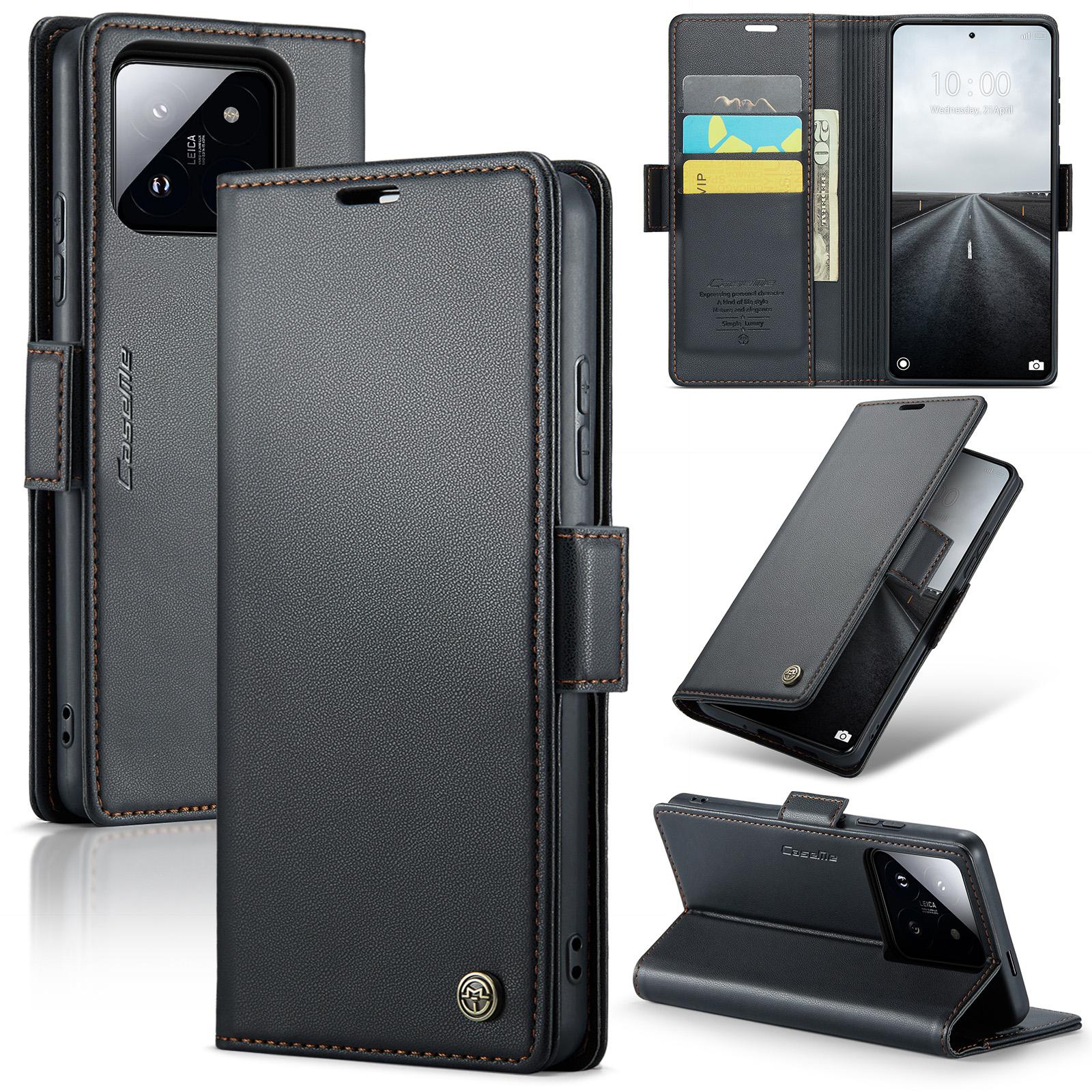 

For Xiaomi 14 Pro Leather Case CASEME 023 RFID Blocking 3 Card Slot Mobile Cover Black