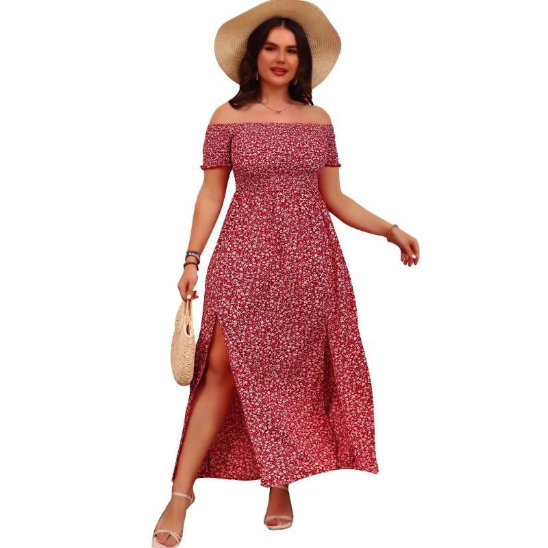 Women's Plus Size Casual Bohemian Printed Strapless One Neck Split Dresses