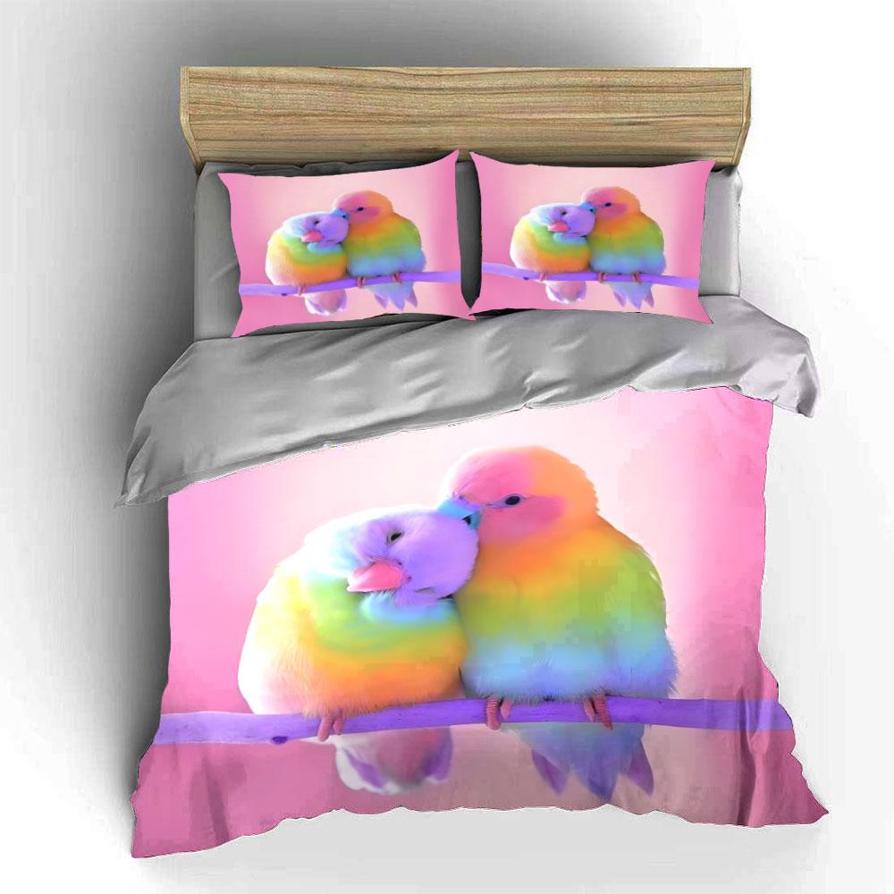 Rainbow Parrots Cuddling Warmly Printed Duvet Cover Set1 Duvet Cover+2 Pillowcasemulti Size Bedroom Bedding Decor Luxury Gifts