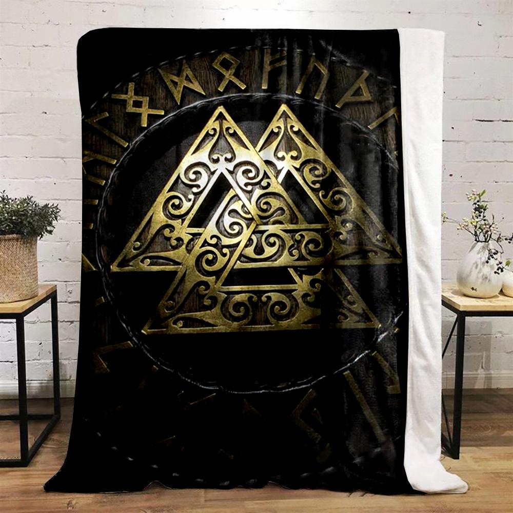 Golden Viking Symbol with Rune Circle printed Flannel blanket for bedroom, living room, sofa, and nap