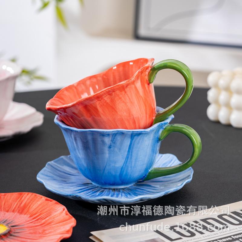Hand-Painted Kiln Lower Color Flower Ceramic Coffee Cup And Saucer Design Sense Niche Women High Value Latte Cup