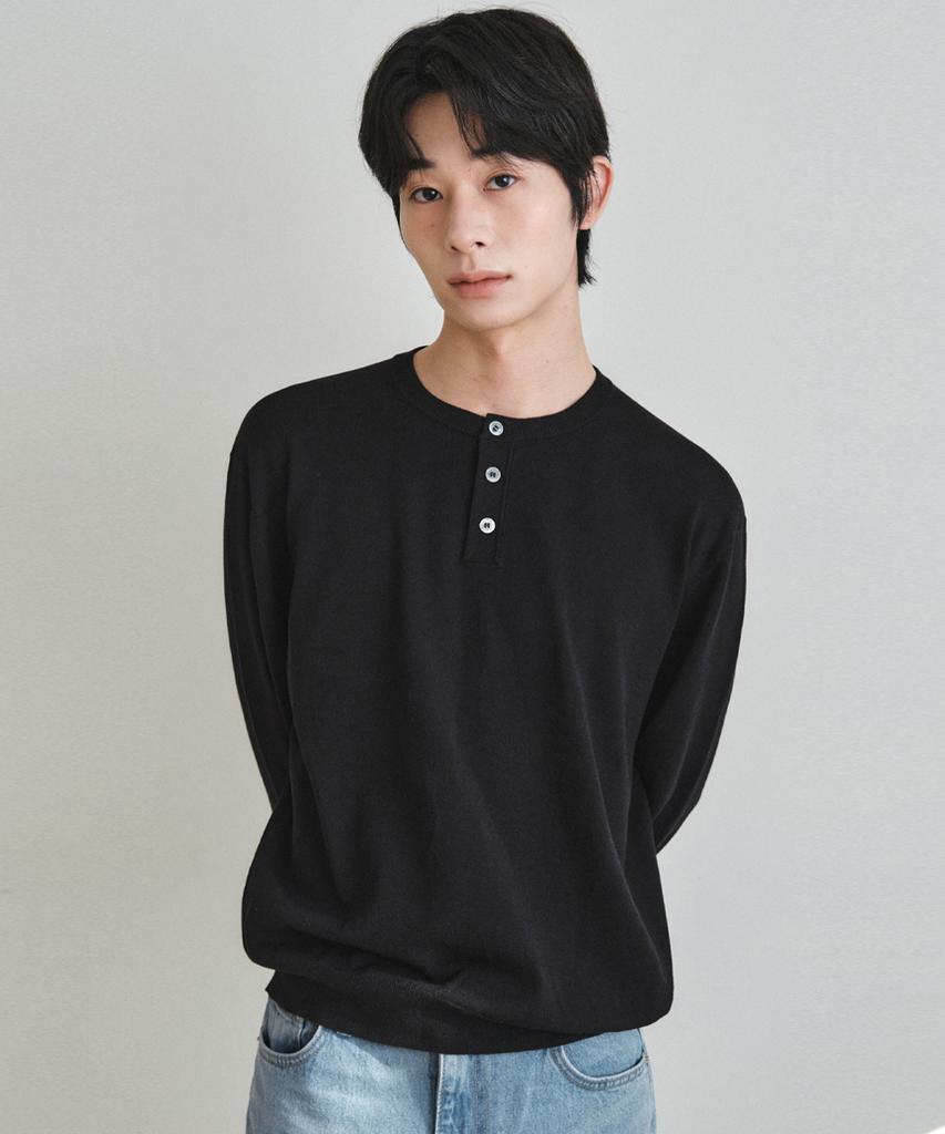 Wednesday Oasis Washable Minimalist Henley Neck Knit_Black(Wc26Kn21)