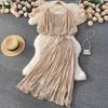 Holiday Style Suit Western Style Puff Sleeve Short Top High Waist Pleated Skirt Chiffon Floral Two-Piece Set