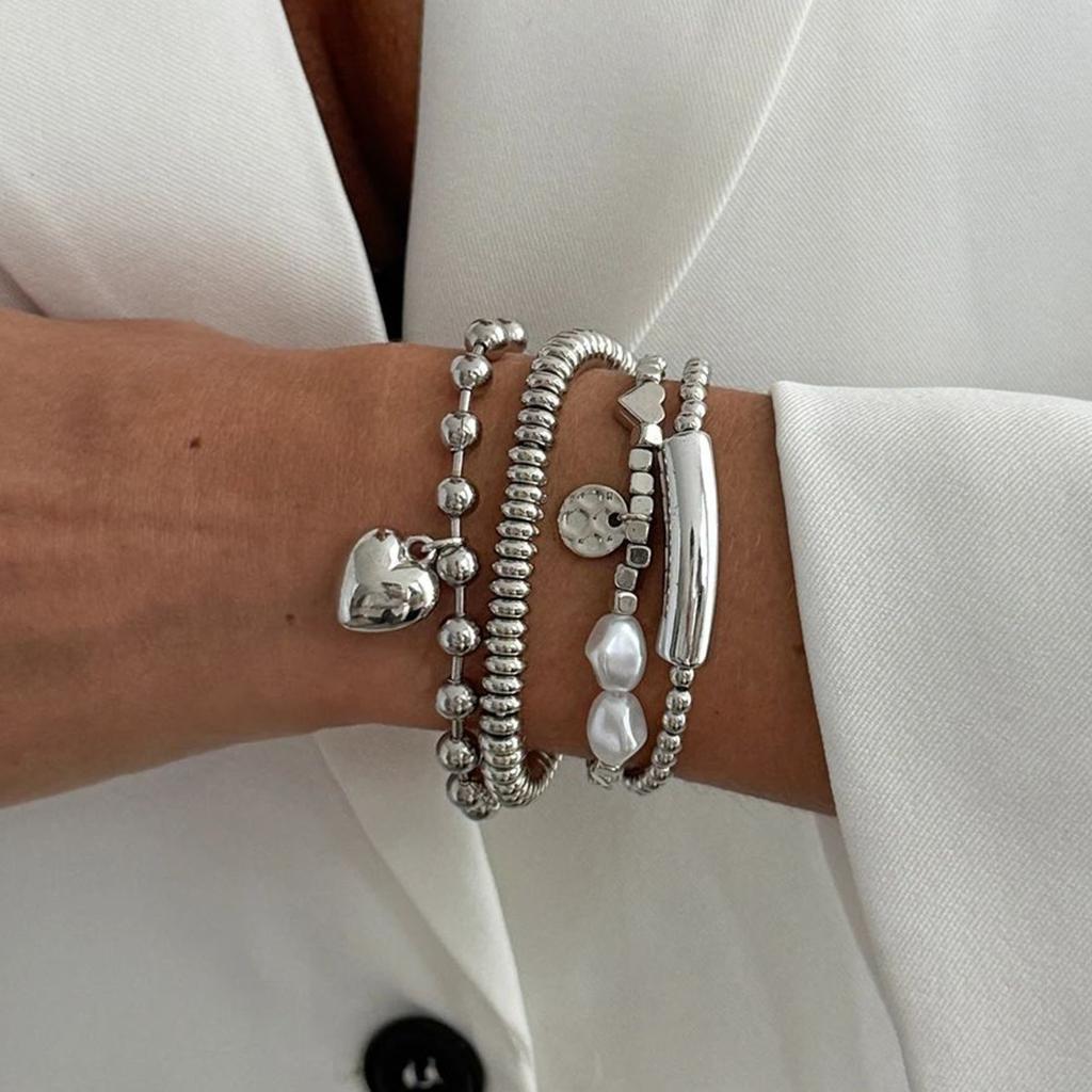 SHIXIN 4Pcs/Set Vintage Stackable Silver Color Beaded Bracelet Women Trendy Imitation Pearl Heart Pendant Bracelet Party Jewelry
