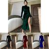 Elegant Velvet Long Dress With High Neck And Slit For Autumn Winter Wear