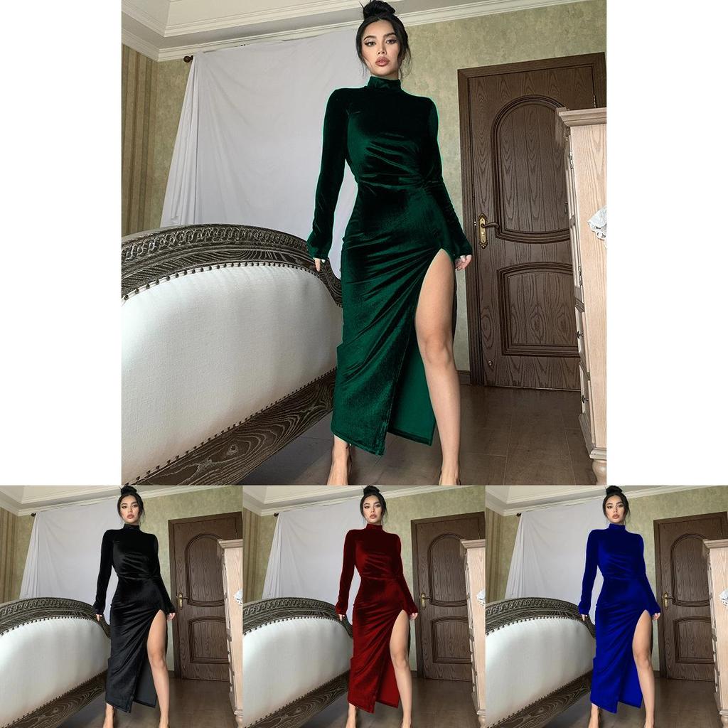 Elegant Velvet Long Dress With High Neck And Slit For Autumn Winter Wear