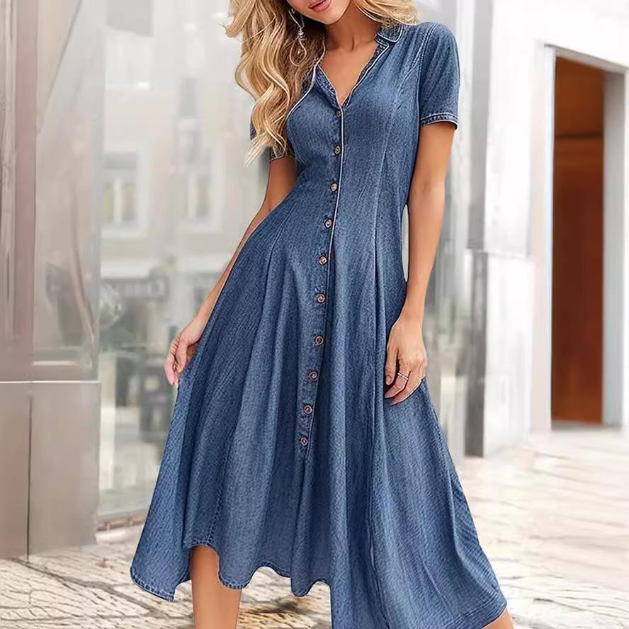 Women's Turn Down Collar Short Sleeve Denim Maxi Dress Casual A Line Shirt Dress