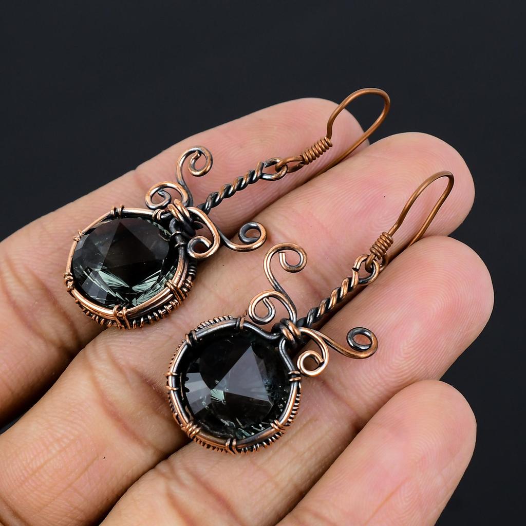 Green Amethyst Gemstone Earrings, 999 Copper Wire Wrapped Earrings, Handmade Antique Jewelry, Gift For Mother Day