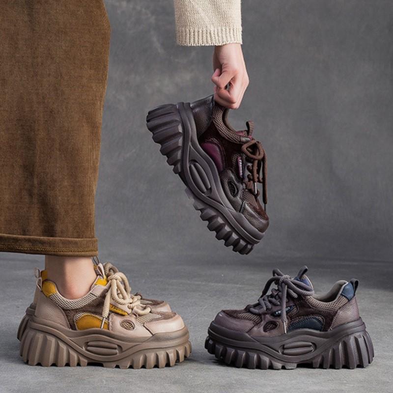 Johnature Genuine Leather Splicing Mesh Casual Shoes Lightweight Lace Up Thick Soled Women's Shoes