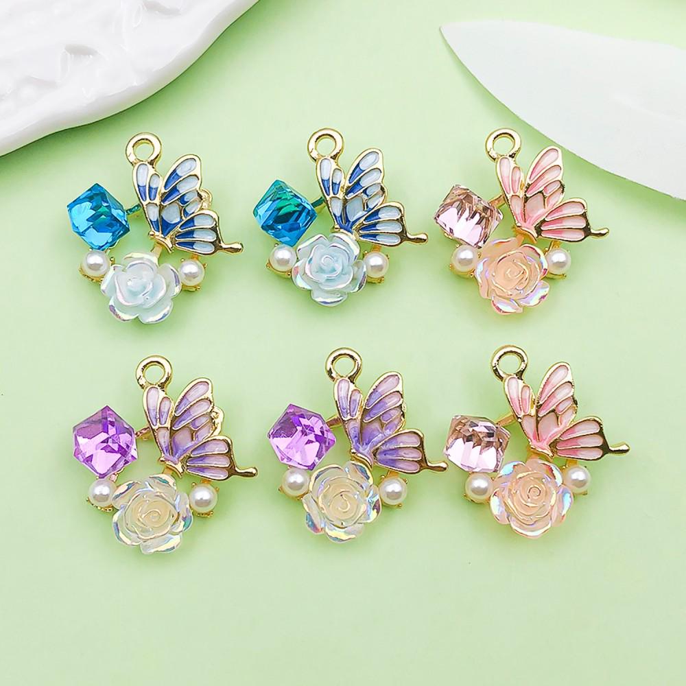 Mixed 6-Color Oil Drip Rhinestone Butterfly Flower Pendant Charm for DIY Jewelry