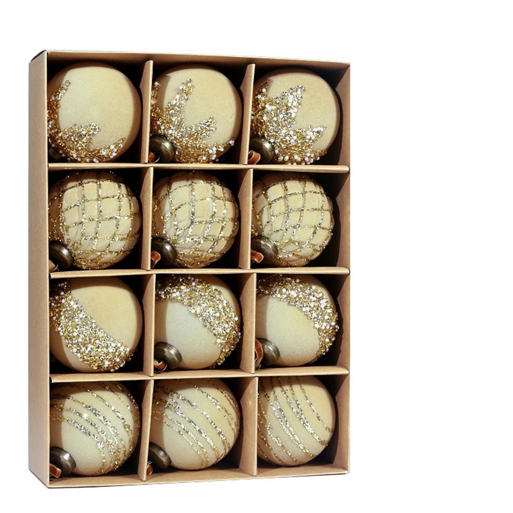 Painted Plastic Christmas Tree Decorative Hanging Ornaments, 8cm 12pcs Flocked Christmas Ball Set