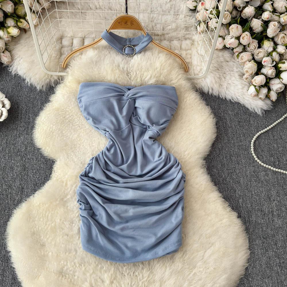 Women's Sexy Twisty Strapless Dress Spicy Girl's Ingenious Pleated Slimming and Body-hugging Dress