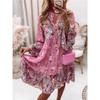 Women's Fashion Spring Fall Flower Pattern Print Long Sleeve Stand-collar Loose Waistline Casual Dresses