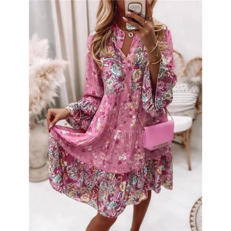 Women's Fashion Spring Fall Flower Pattern Print Long Sleeve Stand-collar Loose Waistline Casual Dresses