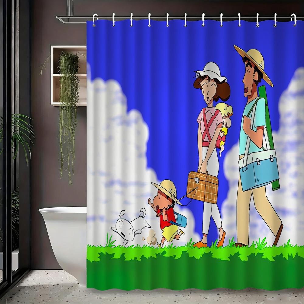 Crayon Shin-Chan & Friends School Uniform & Robot Statue Scene 2D Print Waterproof Shower Curtain, Blue & Yellow Bathroom Decor