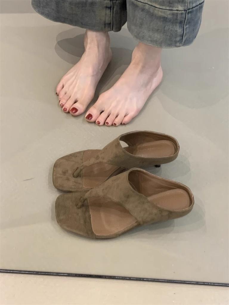 Spring Summer New Mid Heel Sandals Women's Flip Flops Comfortable Slimming High Heels Slip-On Shoes Korean Style Synthetic Inter