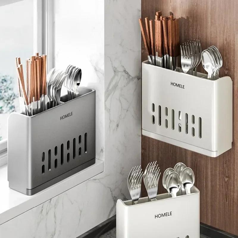 1-teiliges Küchenutensilienregal - Multifunktionaler Abtropf-Essstäbchenhalter Wandmontierter oder freistehender Besteckaufbewahrungsbehälter aus Kunststoff