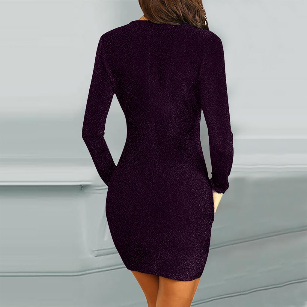 Women's Solid Color Long-sleeved Cross V-neck Sexy Bag Hip Slim Shiny Evening Knee-length Dress