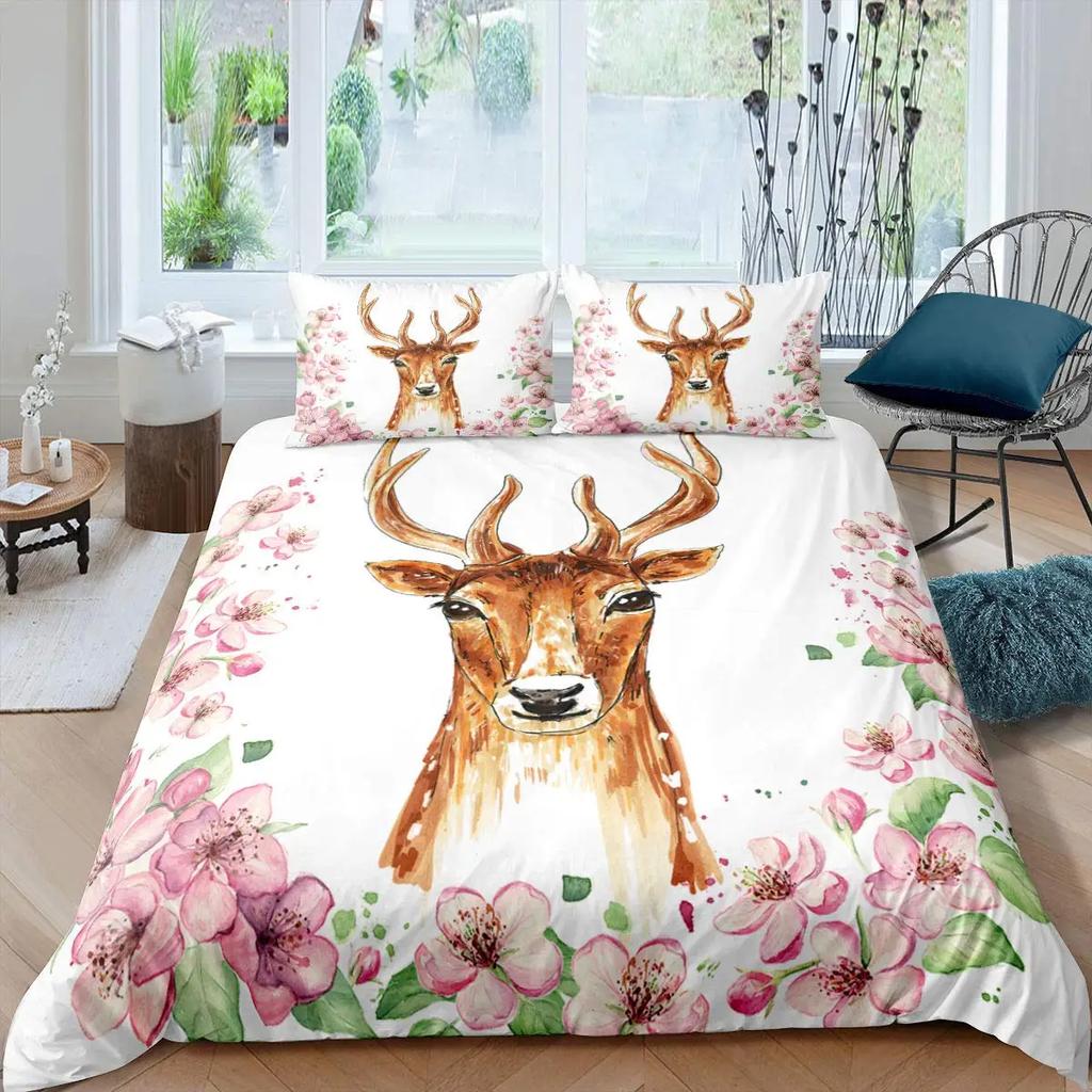 Antler King Queen Duvet Cover Whitetail Deer Bedding Set Wild Fawn Quilt Cover Countryside Rural Animal Brown Comforter Cover