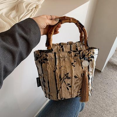 Embroidered Bucket Bag for Women Traditional Style Bamboo Handle Tote Bag New Fashion