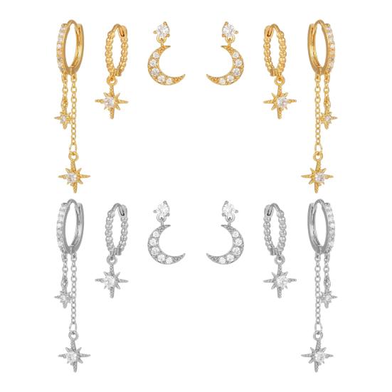 3 paia di orecchini da donna a forma di luna e stella, orecchini a cerchio in rame elettroplaccato, orecchini a bottone con strass, per feste di ballo e appuntamenti