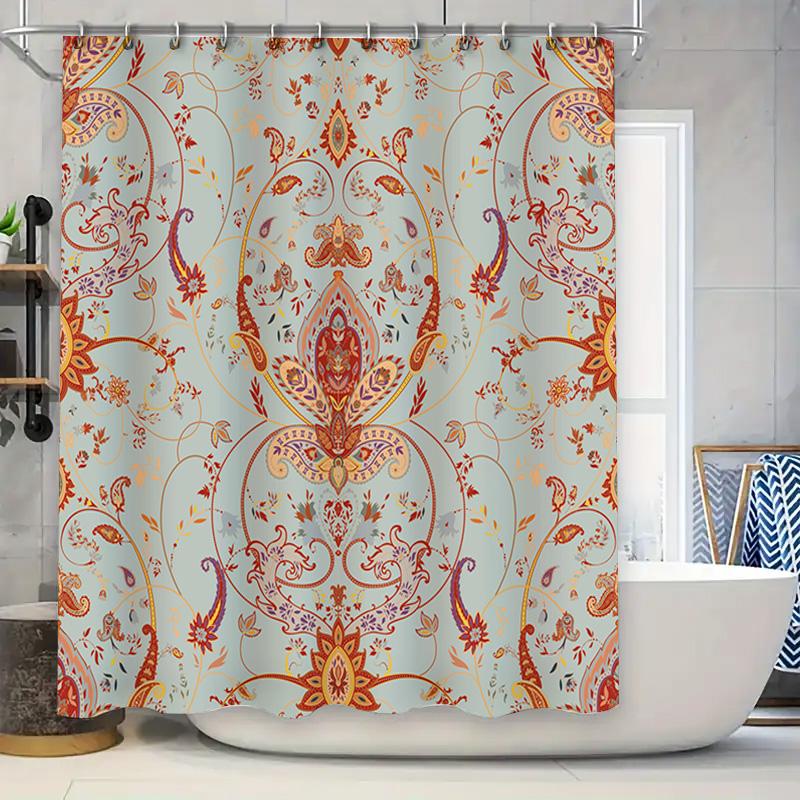 

Luxurious Floral Shower Curtain Vintage Boho Decor For Bathroom Easy Install Machine Washable Light Blue Red Fabric Pattern Size W60H190(CM)-1 Pcs