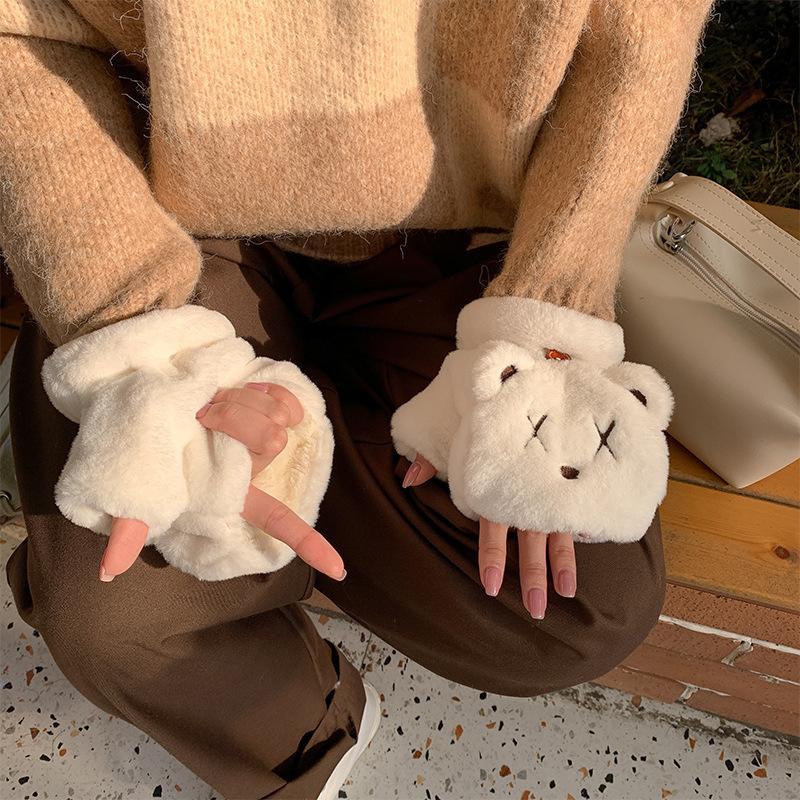 

Перчатки женские осенне-зимние милые для верховой езды мультяшные бархатные утолщенные студенческие для письма с откидными пальцами согревающие шею average size