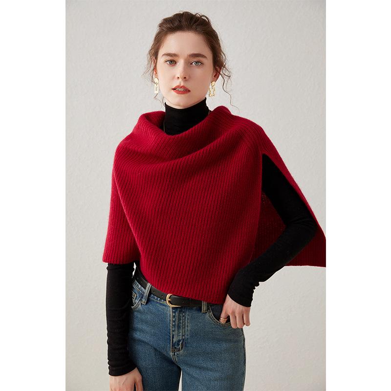 Women's Cashmere Wool Pullover Shawl - Autumn/Winter Coin Stitch Double-Strand Thick Knit