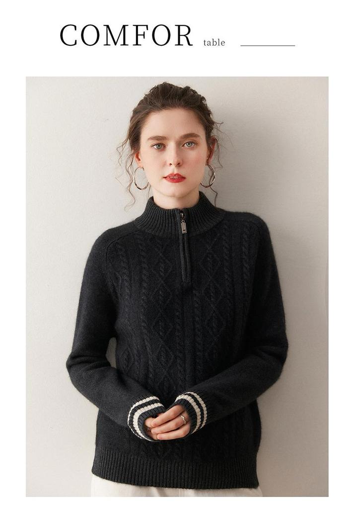 Women's High Neck Half-Zip Cashmere Sweater - 2025 Autumn/Winter Korean Style Jacquard Knit Warm Base Layer
