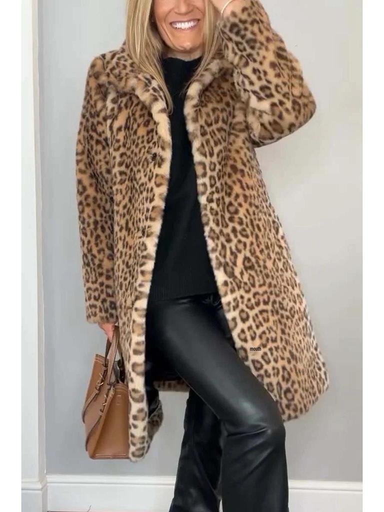 2024 Winter Women's Fashion Leopard Print Faux Fur Coat with Lapel 