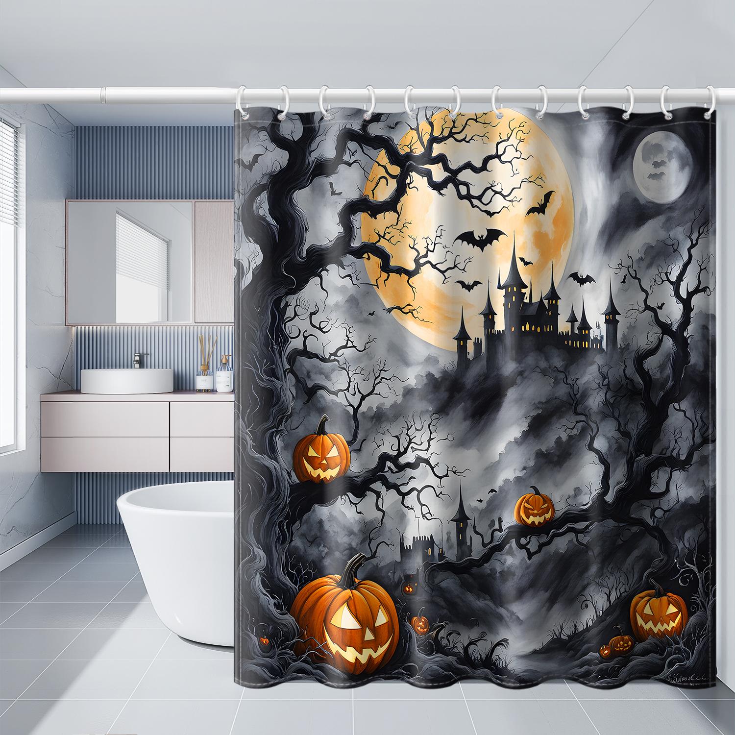 

1Pc Dark Night Castle Pumpkin Bat Shower Curtain With Plastic Hook, Halloween Cartoon Festival Style Bathroom Partition Curtain W60H190(CM)-1 Pcs