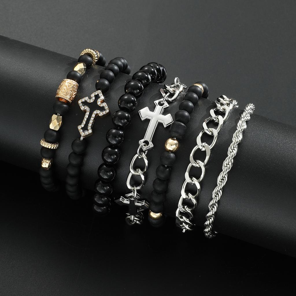 7pcs Stainless Steel Bracelet Set For Men Women Punk Fashion Cross Beads Chain Bracelets Simple Hip Hop Unisex Jewelry Gifts