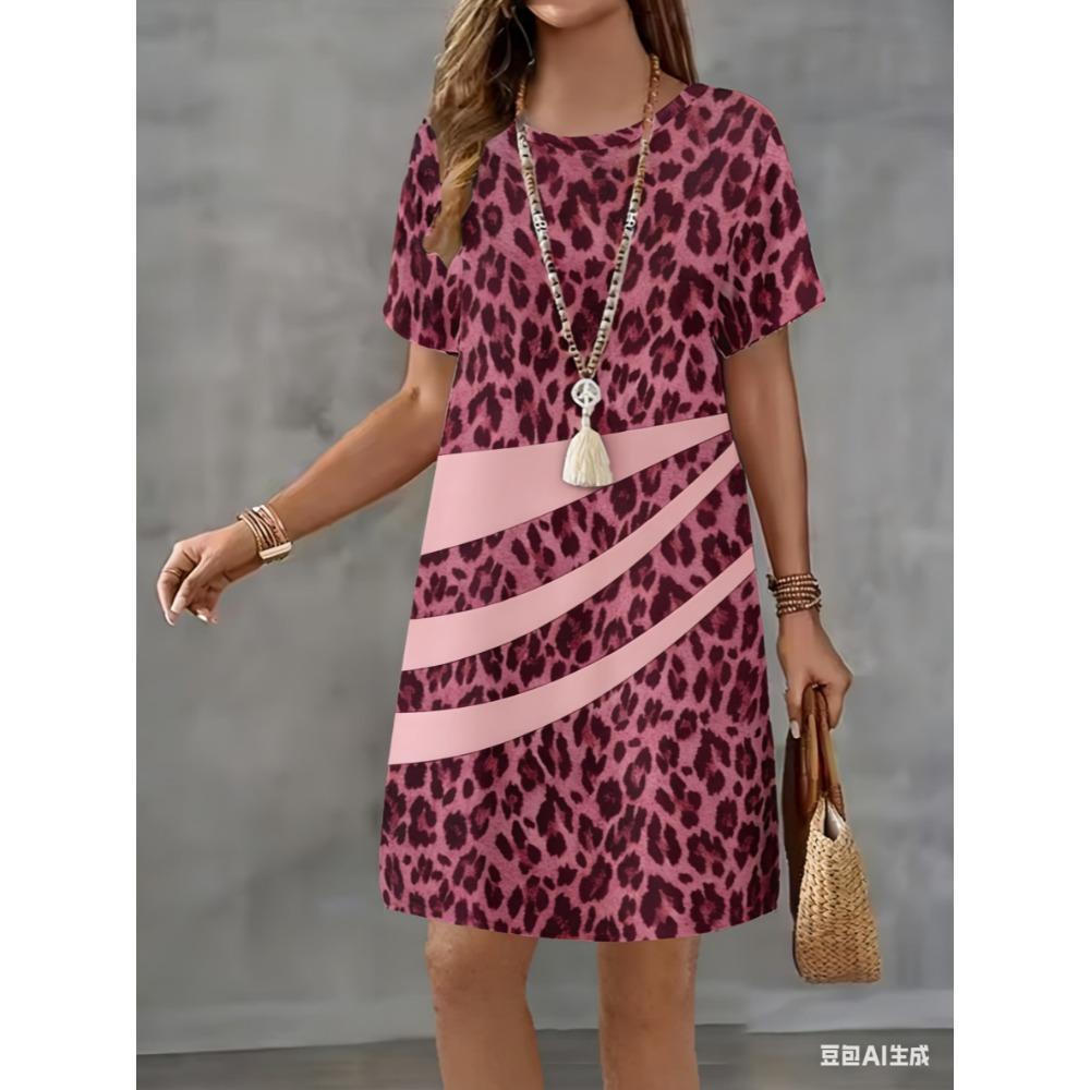 Short-sleeved fashionable yellow leopard print 3D printed women's round-neck loose mini dress for casual wear