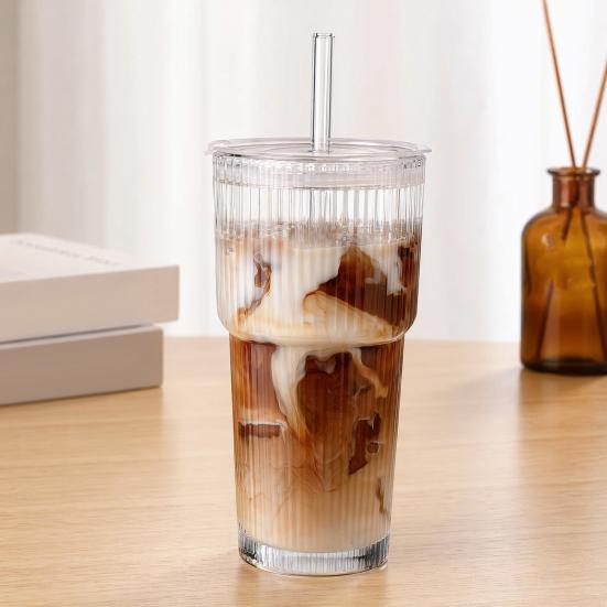 Ribbed Glass Tumbler with Lid And Straw, 560ml Capacity Iced Coffee Cup, Reusable Cold Drink Glass for Home, Travel Cup Fits Car Holder