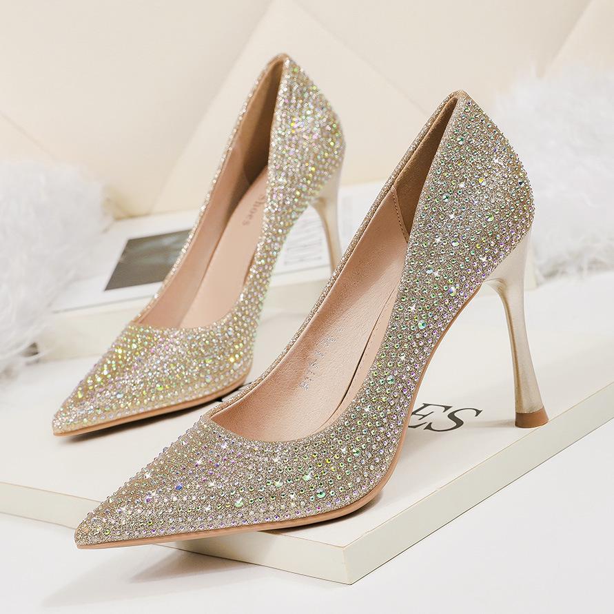 Fashion Point-toe Women's Sandals Nightclub Show Thin Stiletto Women's Single Shoes Rhinestone Sequin High-heeled Shoes
