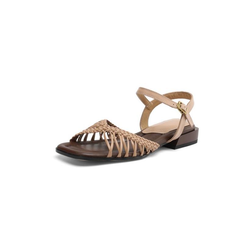 Fashion Roman Sandals Summer New Square Toe Open Toe Woven Thin Strap One Buckle Soft Sole Non-slip Low Heel Shoes