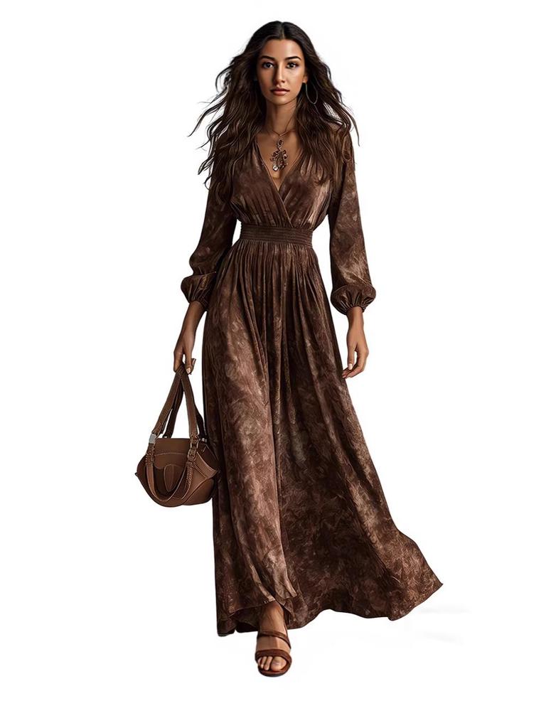 Bohemian Retro Tie-Dye V-Neck Waist-Cinching Long Skirt - 2026 Spring/Autumn Collection